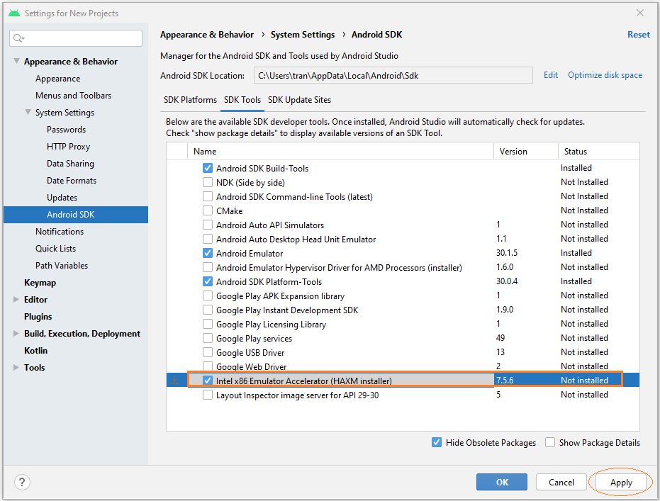 Install Intel® HAXM for Android Studio 
