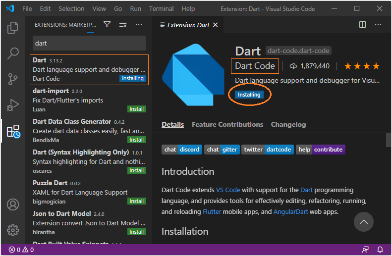 Как установить dart в visual studio